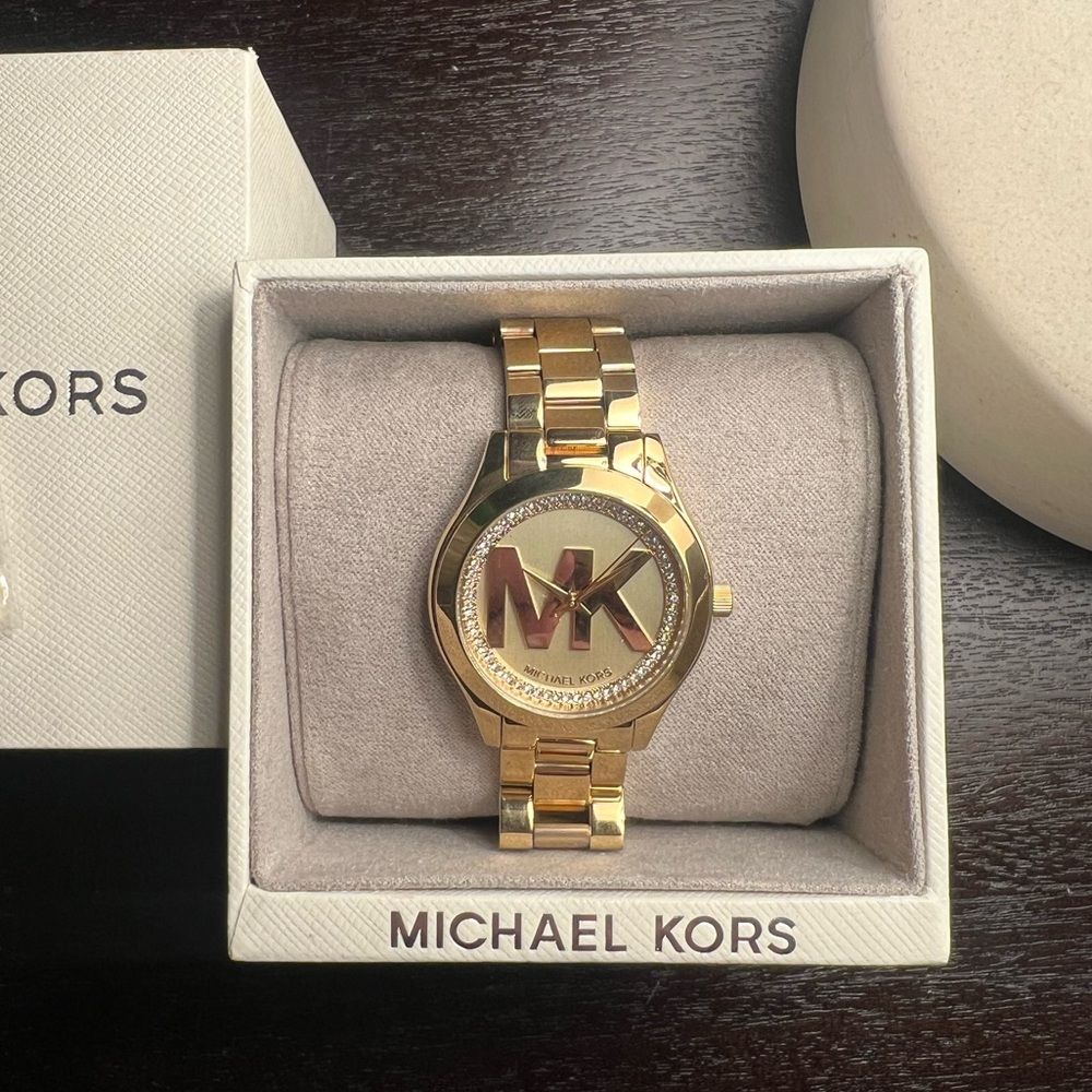 Micheal Kors Gold Tone Mini Slim Runway MK Logo Ladies Wrist Watch